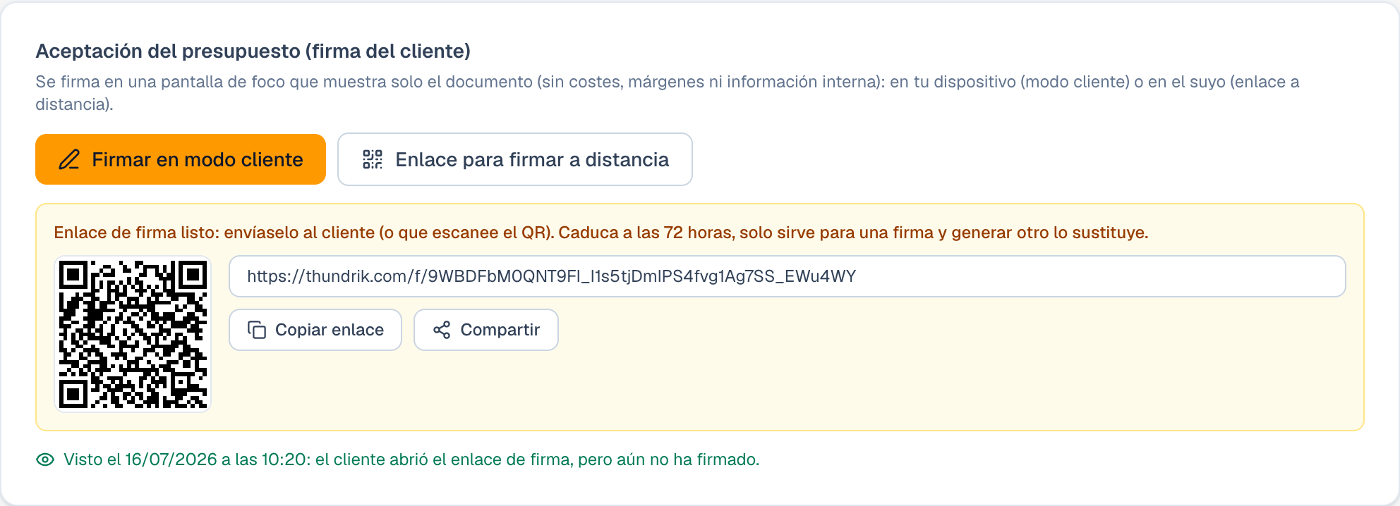 Firma a distancia de un presupuesto en Thundrik, con enlace y QR de un solo uso y confirmación de apertura.