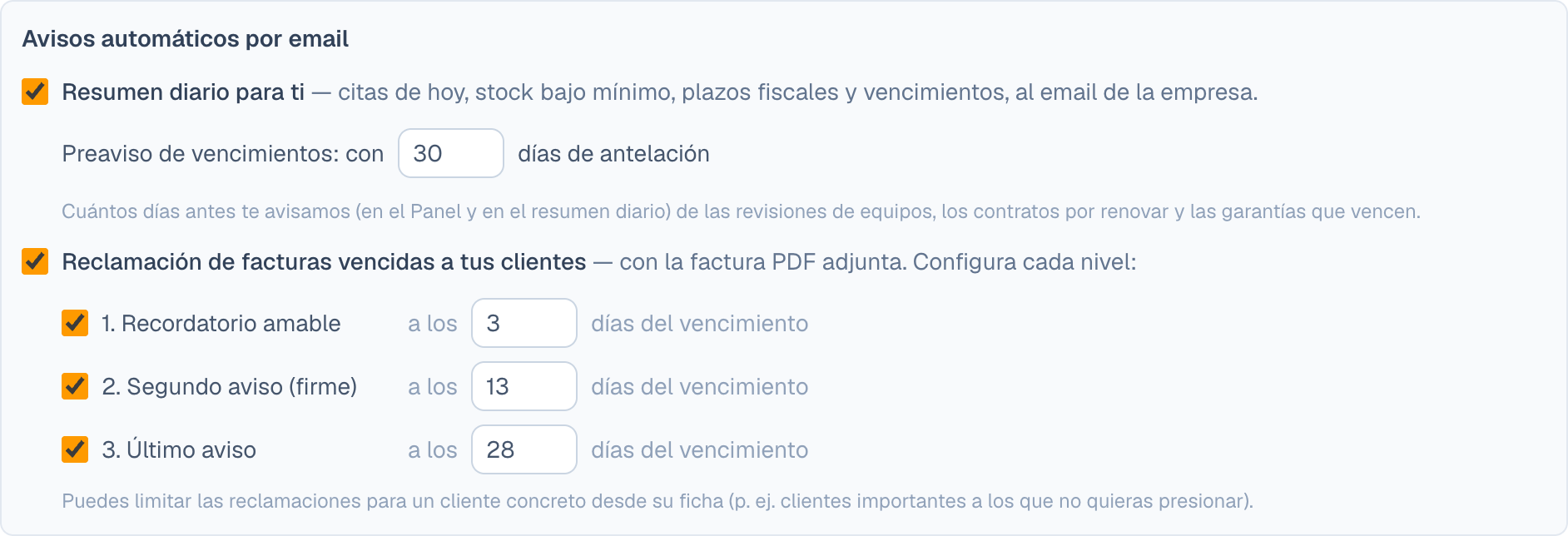 Los tres niveles de reclamación en los ajustes de Thundrik, cada uno con los días desde el vencimiento.