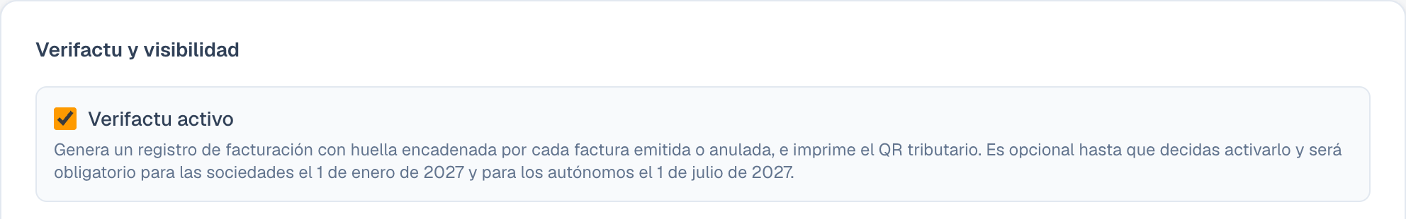 El interruptor de Verifactu en los ajustes de Thundrik, con las dos fechas escritas debajo: sociedades el 1 de enero de 2027 y autónomos el 1 de julio.